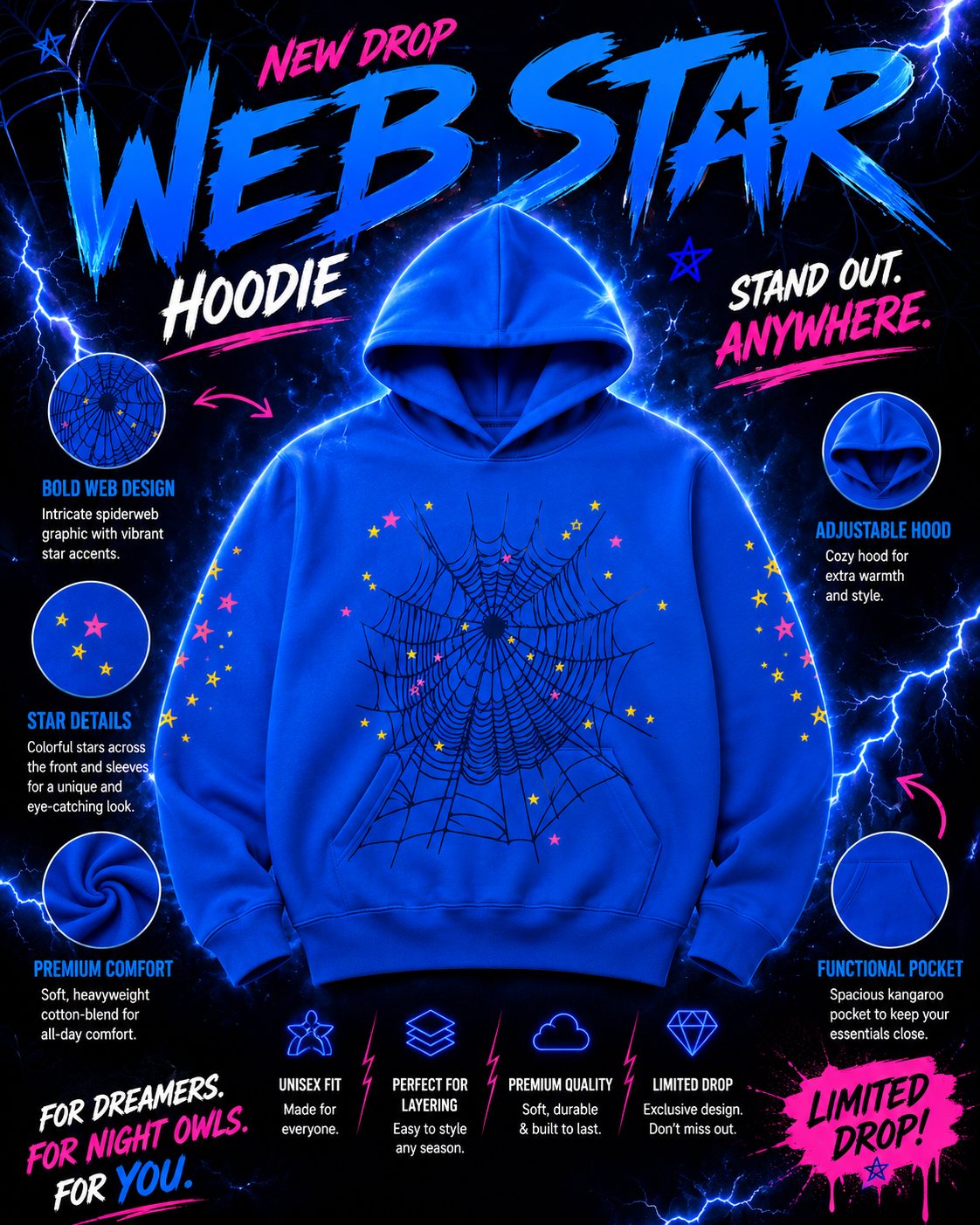 Web Star Hoodie – Electric Blue Edition - Best Products