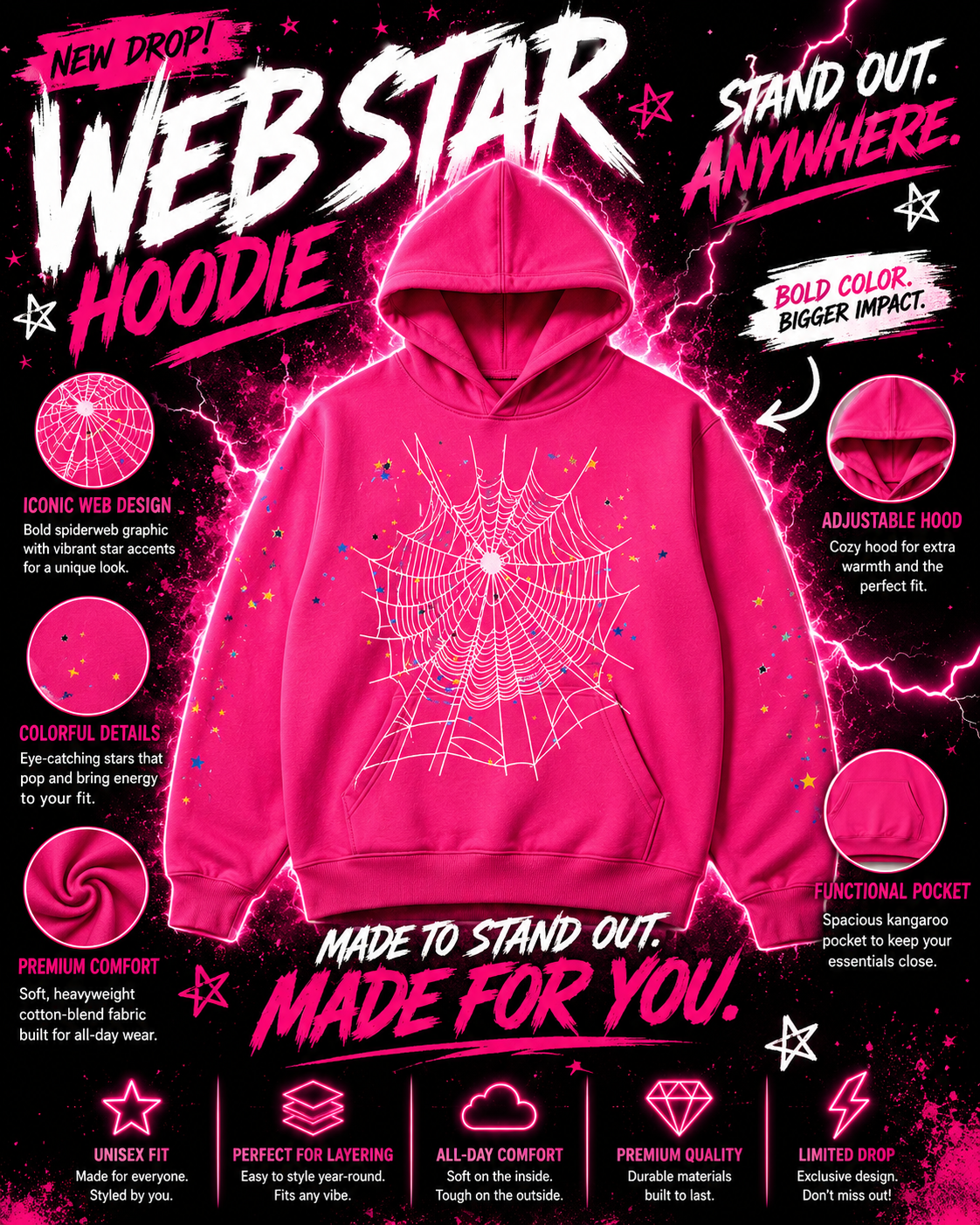 Web Star Hoodie – Hot Pink Edition - Best Products