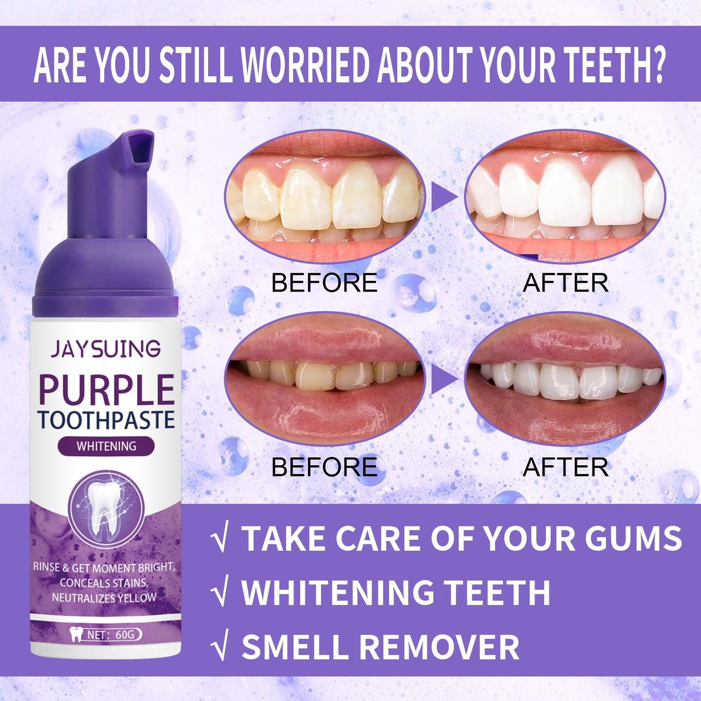 Jaysuing Purple Tooth Whitening Toothpaste, Brightens Teeth Cleans Stains And Relieves Bad Breath Beautiful Teeth Toothpaste - Best Products
