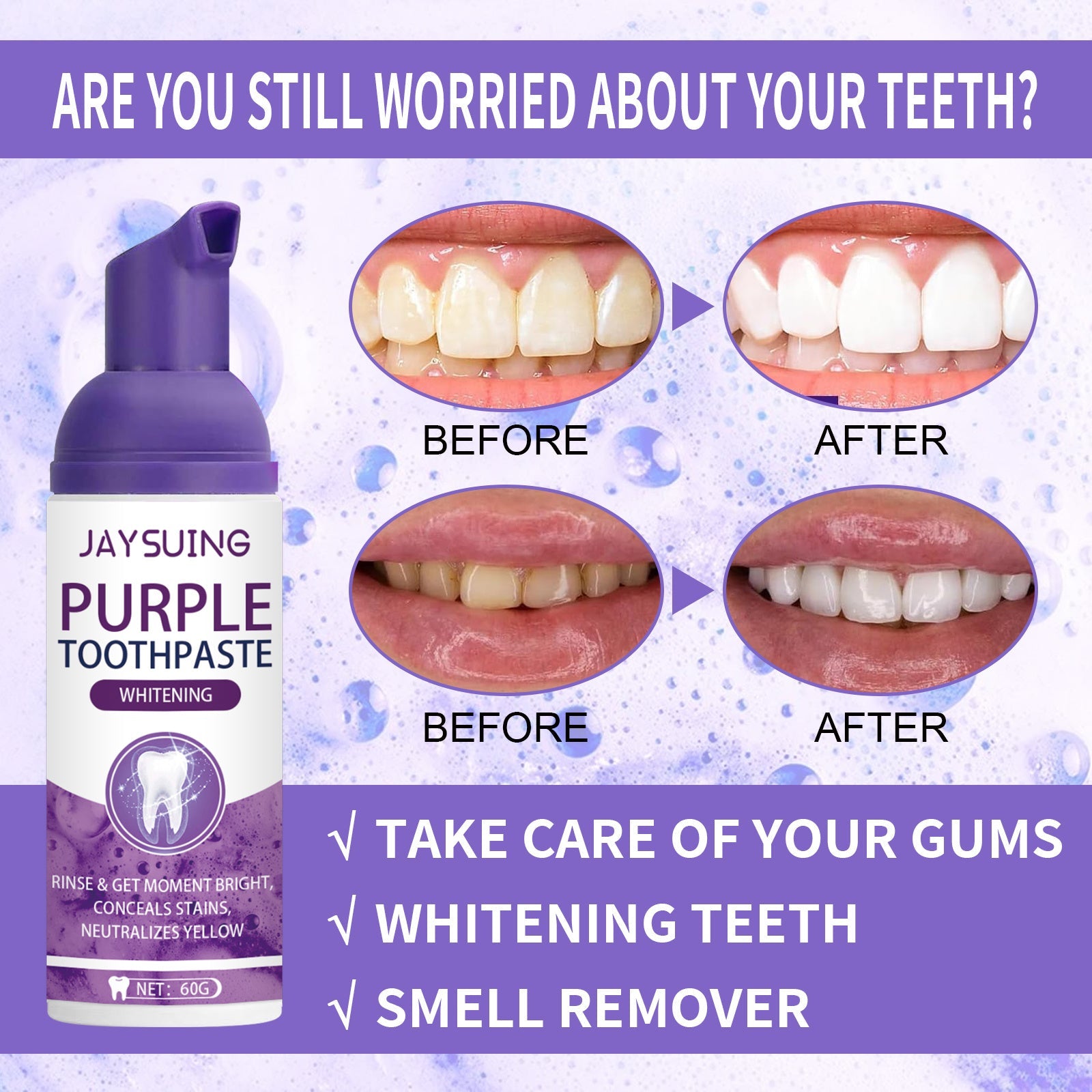 Jaysuing Purple Tooth Whitening Toothpaste, Brightens Teeth Cleans Stains And Relieves Bad Breath Beautiful Teeth Toothpaste - Best Products