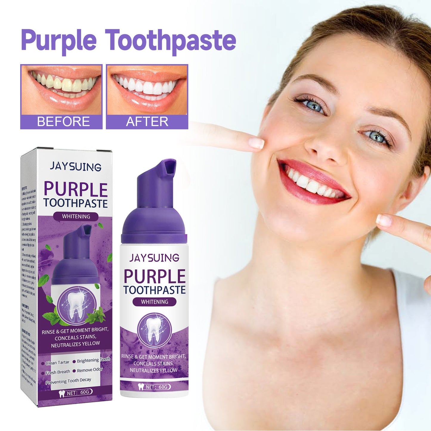 Jaysuing Purple Tooth Whitening Toothpaste, Brightens Teeth Cleans Stains And Relieves Bad Breath Beautiful Teeth Toothpaste - Best Products