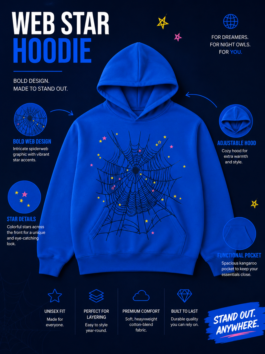 Web Star Hoodie – Electric Blue Edition - Best Products